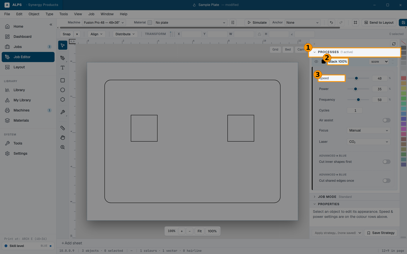 The Job Editor: artwork on the left, its processes on the right.