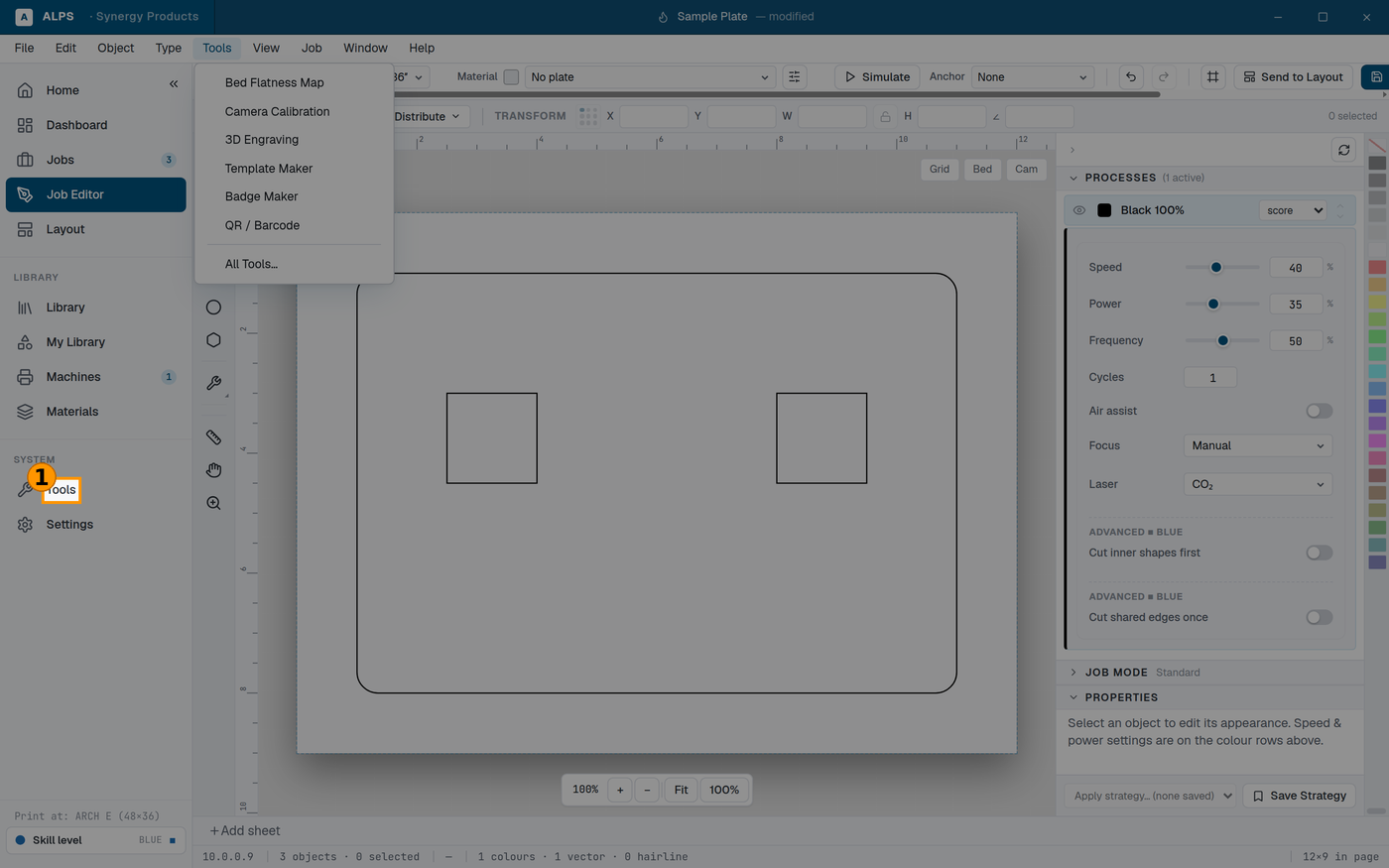 The application menu bar, with the Tools menu open.