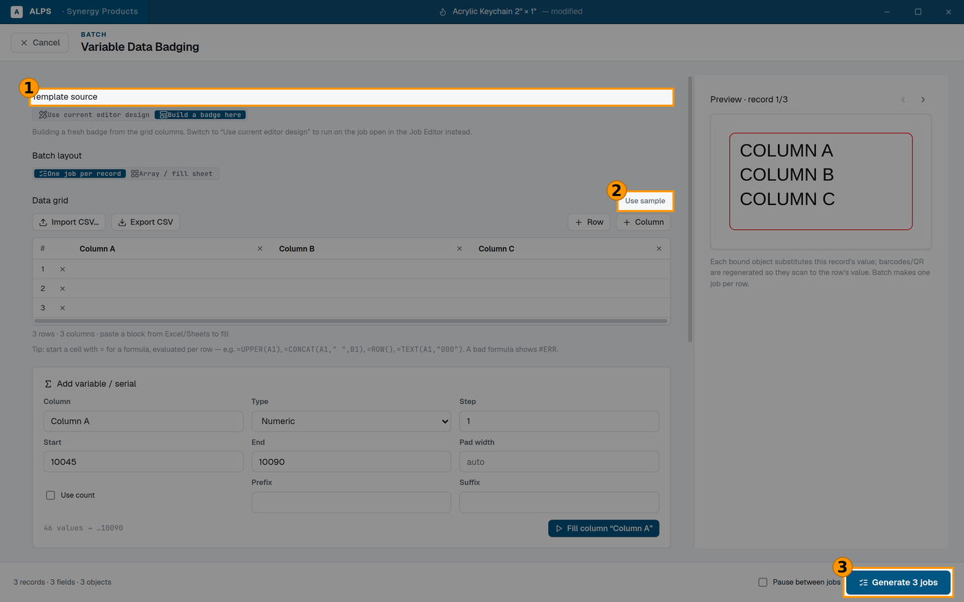 Variable Data Badging — grid on the left, live preview on the right.